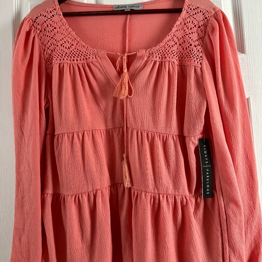 Absolutely Famous Women's Coral Long Sleeve Top Tassels Size XL (fits M) NWT